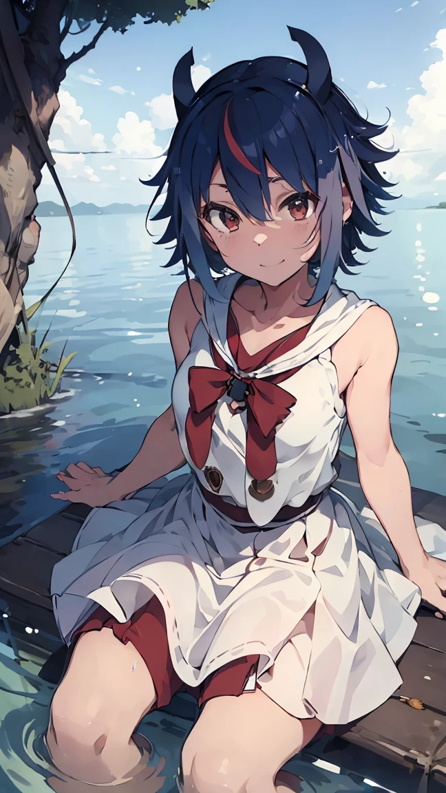 masterpiece, Highest quality, High resolution, Very detailed,(((Mikoto Naruka))), (((smile)))、(((floating in the water。))), Wearing a white dress。, Bubble。