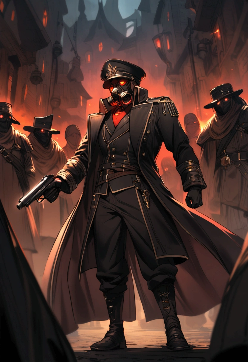 Dark steampunk officer, dark fantasy, holding a pistol, gasmask with red glowing eyes, coat, hat, intimidating, executing villagers