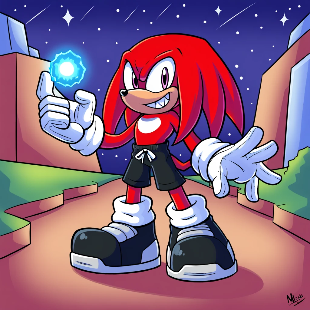 Custom avatar, knuckles the echidna character, wearing black shorts, in the cyberspace￼, cgi backround, doing a dyamic pose,
