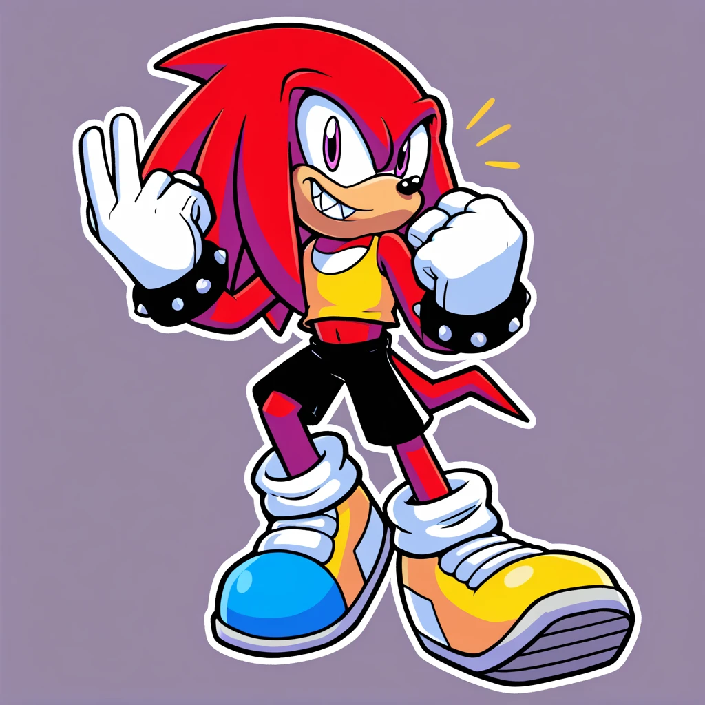 Custom avatar, knuckles the echidna character, wearing black shorts, in the cyberspace, cgi backround, doing a dyamic pose,