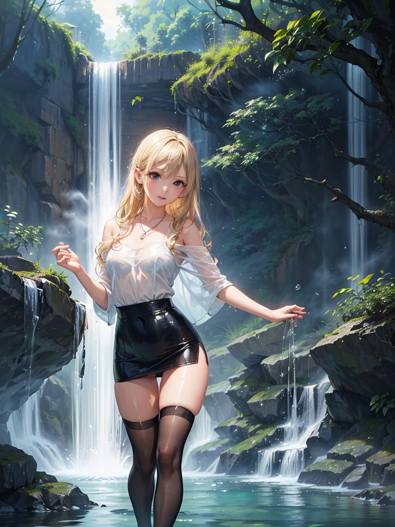 ((Biologically correct limb count)),(( From head to toe,Full-body photo including face)),4K,((Standing position)),masterpiece,((Focus on the face)),((Symmetrical facial features)),Eyes with detailed description,Beautiful woman,Great style,Beautiful arms,Beautiful legs,Beautiful Hands,(Small Ass,Thin thighs,(Black Stockings)),Detailed depiction of the face,Small earrings,necklace,(Black one piece pencil skirt,((evening,Kneel、waterfall、Dancing in the water、splashes rise)),((Blonde)),Focus on the face,Dripping Water,The mist creates a fantastic atmosphere,(See-through clothing)