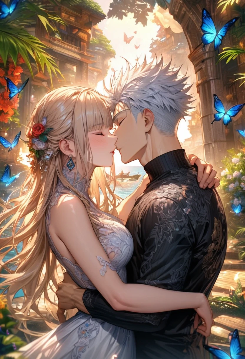 Ultra detailed, HDR, Highres, absurdres, master piece, Aida, ash blonde hair with bangs, Gojou Satoru, white hair with bangs, closed eyes, black shirt, white dress with patterns, Jujutsu Kaisen, flowers, butterflies, fantasy, magical, green leaves, summer, a beautiful woman together with a handsome man, couple kissing, love, sensual, island, sexy