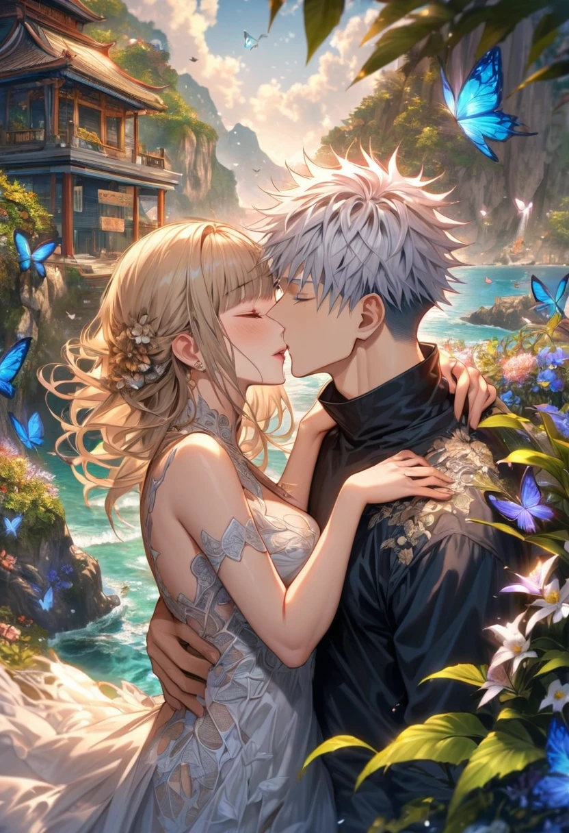 Ultra detailed, HDR, Highres, absurdres, master piece, Aida, ash blonde hair with bangs, Gojou Satoru, white hair with bangs, closed eyes, black shirt, white dress with patterns, Jujutsu Kaisen, flowers, butterflies, fantasy, magical, green leaves, summer, a beautiful woman together with a handsome man, couple kissing, love, sensual, island, sexy