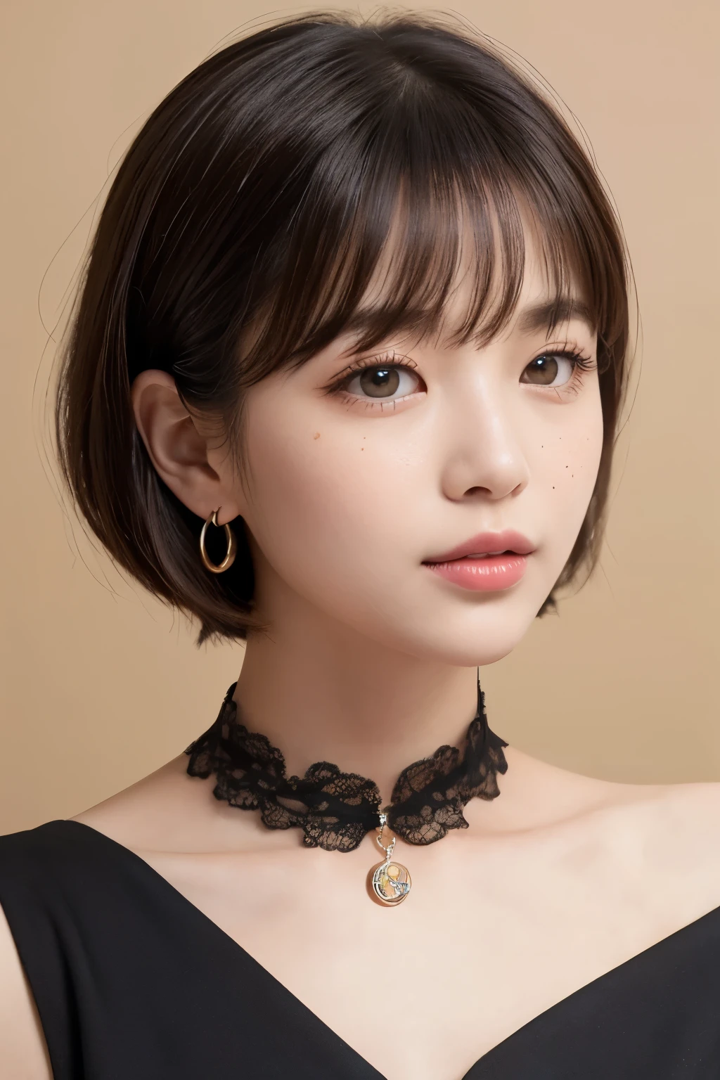 Portrait of a young woman with short black bob hair。Her straight cut bangs lightly fall over her eyebrows.、Her long eyelashes are impressive, and her deep eyes are very attractive.。Her lips are plump and naturally pink.、Neutral makeup brings out her delicate features。Her skin is brighter、I have some natural freckles。

She is a vibrant turquoise、red、yellow、She is wearing a sleeveless deep V-neck blouse made of black floral fabric.。The neckline is embellished with magenta flowers for a bold accent.。Around her neck she wears a choker with a circular pendant.、She accessorizes with small hoop earrings.。

Background is blue、Teal、redの色合いが調和した花柄で豊かに装飾されており、It matches her outfit。This setting is、Fine details and a warm, inviting color palette exude vintage elegance.。