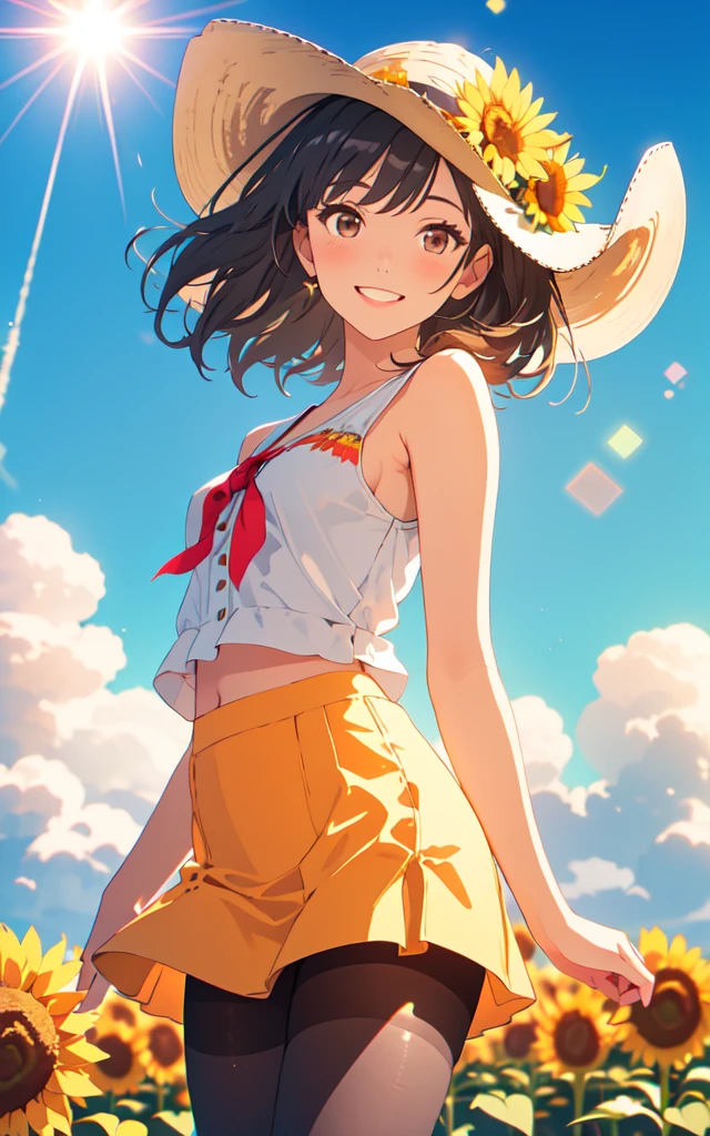 Front facing, facing this way、A more beautiful smile、More cute casual summer outfits、Cute mini skirt、More beautiful thighore beautiful pantyhose、A more beautiful walk through a sunflower field in summer, Beautiful dark clouds, (Cowboy Shot:1.4), Beautiful and realistic, Beautiful masterpiece, Beautiful and top quality, Beautiful backlight, (Lens flare:1.1), (bloom:1.1), (chromatic aberration:1.1)