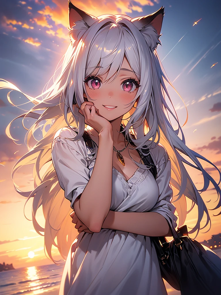 a highly detailed portrait of a pretty girl with medium breasts, a beautiful silver hair, pink eyes, and cat ears, smiling against a sunset beach landscape with an orange, pink, and yellow sky, palm trees swaying, seagulls flying, and a crystal clear sea gently kissing the white sand shore, creating a dynamic and breathtaking yet peaceful atmosphere,beautiful detailed eyes,beautiful detailed lips,extremely detailed eyes and face,longeyelashes,1girl,oil painting,illustration,photography,intricate details,vibrant colors,warm lighting,cinematic,dramatic,serene,calming