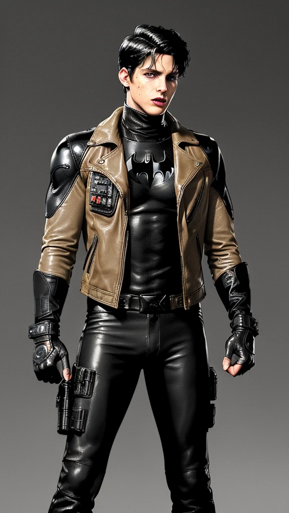 ((American comic hero)),,((jason todd)),((young cute and cool ikemen  boy)),((black hair)),((very cool guy)), ((face is no paint and no mask)),,his age is early 20s, thin eyebrows and beady eyes, ((he is wearing light beige color thick leather jacket)),((jacket is single-brest and no hood)),((leather jacket is long sleeve)),((jacket sleeves color is beige too)), ((jacket color is beige only,no other colors)),((inner wear is black color and thick turtleneck tactical vest)),((chest area on a red color batman illustration)), ((tight dark gray color leather pants)),((put on black color and full finger tactical combat leather glove on both hands)),,((black color middle length leather boots)),((Japanese style character)),((must put on a leather full finger tactical combat glove)),((cool atmosphere))