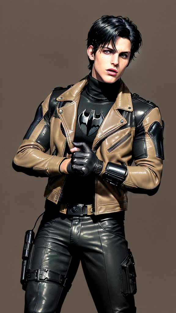 ((American comic hero)),,((jason todd)),((young cute and cool ikemen boy)),((black hair)),((very cool guy)), ((face is no paint and no mask)),,his age is early 20s, thin eyebrows and beady eyes, ((he is wearing light beige color thick leather jacket)),((jacket is single-brest and no hood)),((leather jacket is long sleeve)),((jacket sleeves color is beige too)), ((jacket color is beige only,no other colors)),((inner wear is black color and thick turtleneck tactical vest)),((chest area on a red color batman illustration)), ((tight dark gray color leather pants)),((put on black color and full finger tactical combat leather glove on both hands)),,((black color middle length leather boots)),((Japanese style character)),((must put on a leather full finger tactical combat glove)),((cool atmosphere))