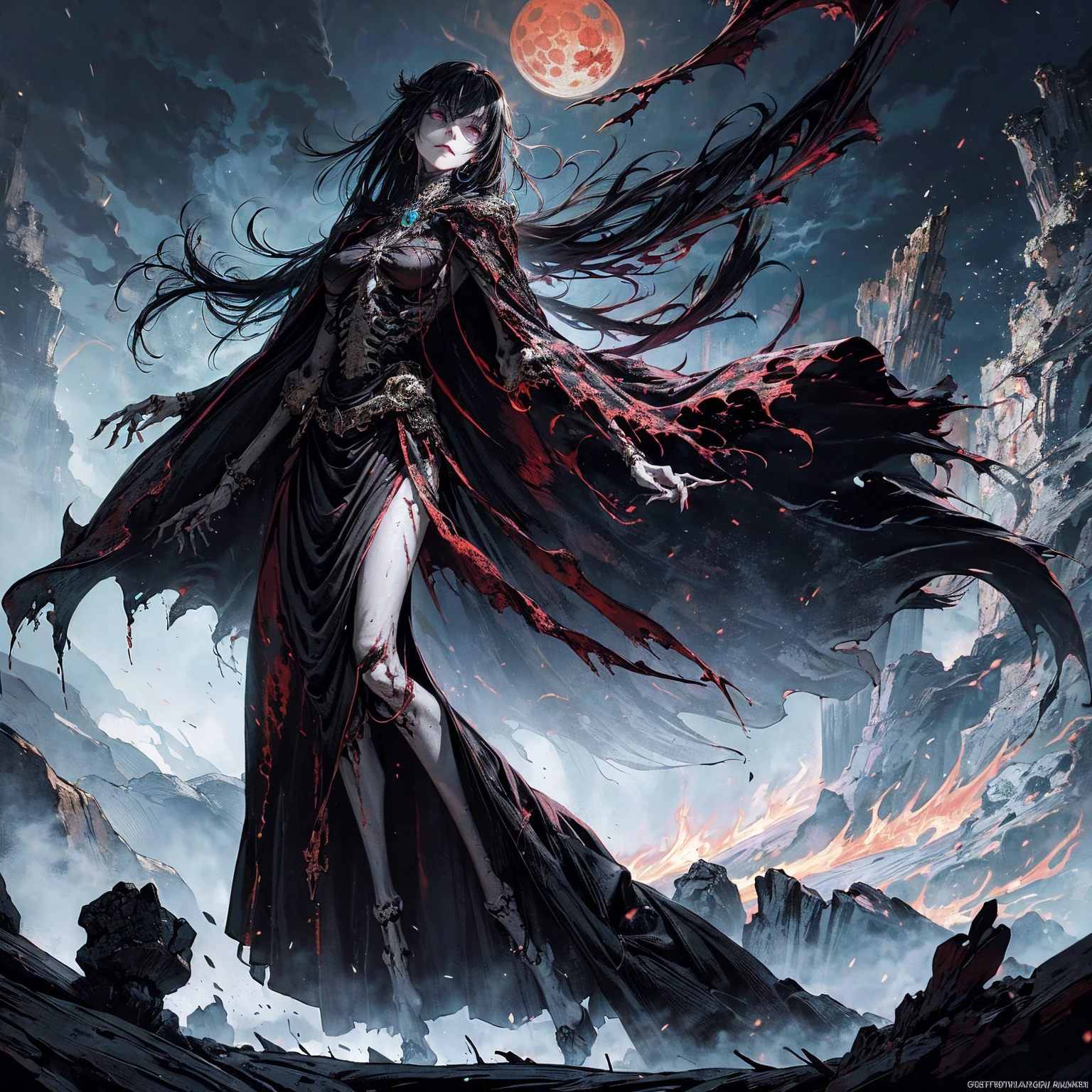(full body:1.5), (wide shot:1.2), best quality, 4K, high resolution, (masterpiece:1.2), Very detailed, (actual:1.37), (anatomically correct:1.2), Mood lighting, A black hair young undead girl in a long cape, Whole body including hands & arms & legs & feet are all skeleton bones but except the head is still beautiful human face, Wearing a ragged gothic skirt, Shaded expression, Aloofness emotion, Dangerous sneer, beautiful but sorrowful smile, Black tears of blood flowed from eyes, lean on one side floating above ground, Facing the camera, Crucified, Pitch black sky, Blood-red moon, strange atmosphere, Gothic style, Unforgettable beauty, Dramatic shadows, Ethereal Light, Mysterious atmosphere, Necromancer, Dark Magic, Resurrection of the Dead, Resurrected zombies and skeletons roaming around, bone dragon, pathfinder: wrath of the righteous: lich myth path.