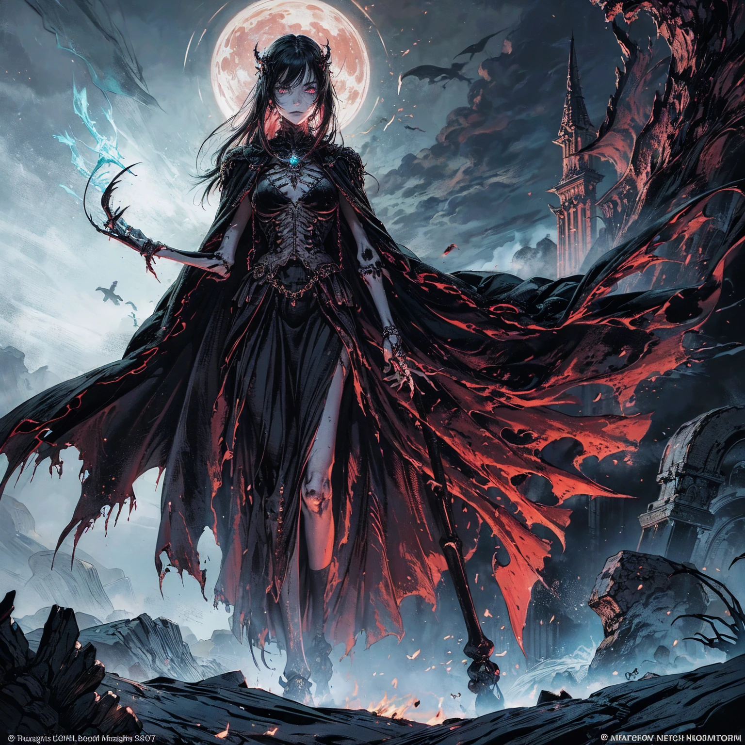 (full body:1.5), (wide shot:1.2), best quality, 4K, high resolution, (masterpiece:1.2), Very detailed, (actual:1.37), (anatomically correct:1.2), Mood lighting, A black hair young undead girl in a long cape, Whole body including hands & arms & legs & feet are all skeleton bones but except the head is still beautiful human face, Wearing a ragged gothic skirt, Shaded expression, Aloofness emotion, Dangerous sneer, beautiful but sorrowful smile, Black tears of blood flowed from eyes, lean on one side floating above ground, Facing the camera, Crucified, Pitch black sky, Blood-red moon, strange atmosphere, Gothic style, Unforgettable beauty, Dramatic shadows, Ethereal Light, Mysterious atmosphere, Necromancer, Dark Magic, Resurrection of the Dead, Resurrected zombies and skeletons roaming around, bone dragon, pathfinder: wrath of the righteous: lich myth path.