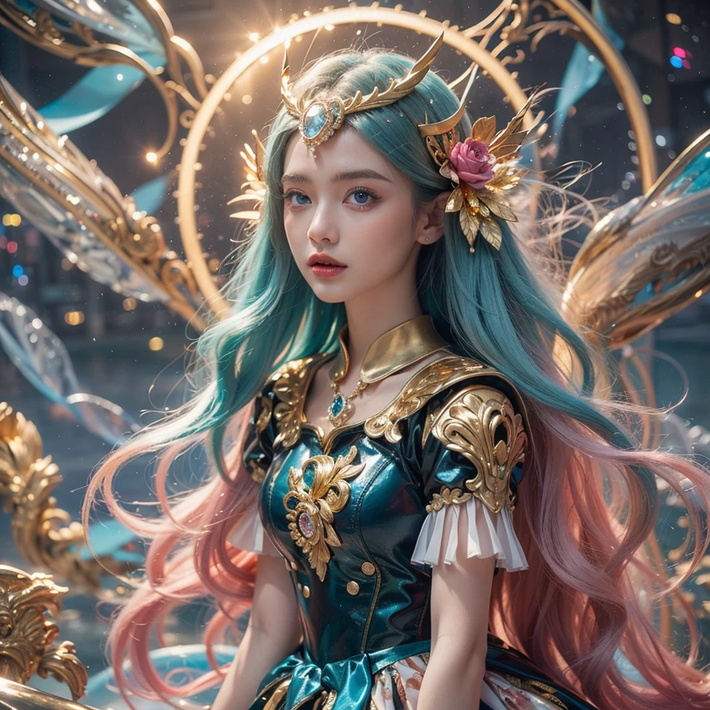 Dress in gold tuxdeo. His dark hair. He holds her above the water. Her long blonde hair shimmers and swirls. Her Blue eyes open. She wears a pink mix blue, gold, white pisatin dress.
