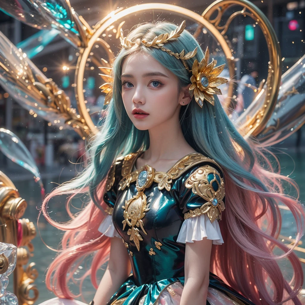 Dress in gold tuxdeo. His dark hair. He holds her above the water. Her long blonde hair shimmers and swirls. Her Blue eyes open. She wears a pink mix blue, gold, white pisatin dress.