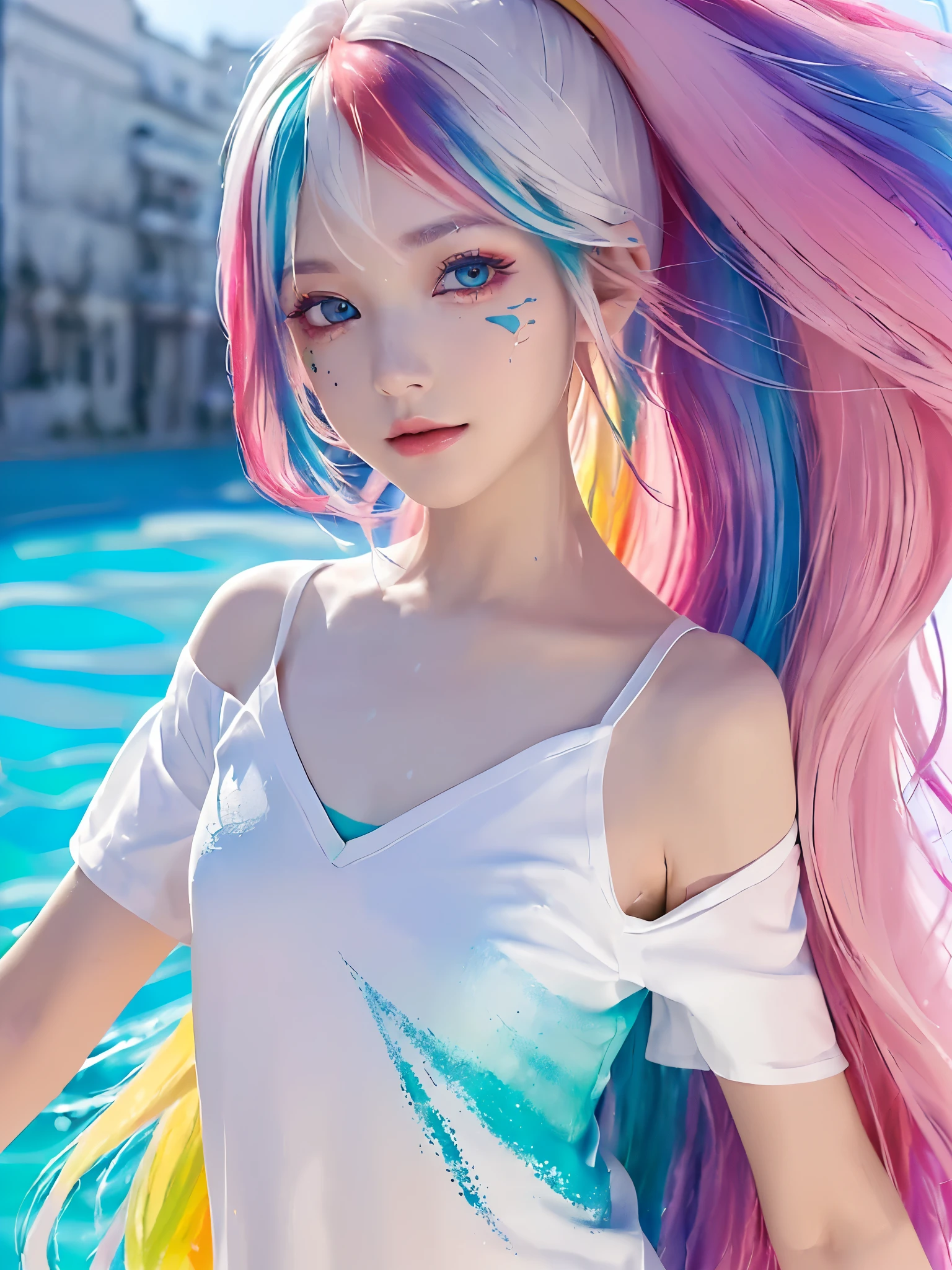 （Pink Fashion T-shirt：1.9），(Colorful hair: 1.8), (all the colours of the rainbow: 1.8),(((((vertical painting：1.6))), （painting：1.6），front, comics, illustrations, paintings, large eyes, crystal clear eyes,（ rainbow color gradient high ponytail：1.7）, exquisite makeup, open mouth,(Small Fresh: 1.5),(Wipe Chest: 1.6) ，long eyelashes, white off shoulder T-shirt,  White Shoulder Shirt，looking at the audience, large watery eyes, (rainbow colored hair：1.6), color splash, （solo：1.8）, color splash, color explosion, thick paint style, messy lines, ((shining))，(colorful), (colorful), (colorful), colorful, Thick Paint Style, (Splash) (Color Splash), Vertical Painting, Upper Body, Paint Splash, Acrylic Pigment, Gradient, Paint, Highest Image Quality, Highest Quality, Masterpiece, solo, Depth of Field, Face Paint,  colorful clothes, (elegant: 1.2), gorgeous,long hair, wind, (elegant: 1.3), (((masterpiece))),(((best quality))),((ultra-detailed)),(illustration),(dynamic angle),((floating)),(paint),((disheveled hair)),(solo),(1girl) , (((detailed anima face))),((beautiful detailed face)),collar,bare shoulders,white hair, ((colorful hair)),((streaked hair)),beautiful detailed eyes,(Gradient color eyes),(((colorful eyes))),(),(((high saturation))),(((surrounded by colorful splashes))),street snap、Overlooking, Back ground is Hawaii