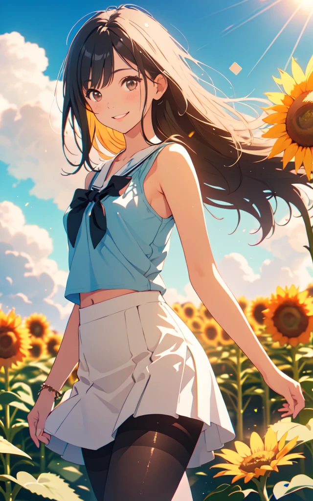 Front facing, facing this way、A more beautiful smile、More cute casual summer outfits、Cute mini skirt、More beautiful thighore beautiful pantyhose、A more beautiful walk through a sunflower field in summer, Beautiful dark clouds, (Cowboy Shot:1.4), Beautiful and realistic, Beautiful masterpiece, Beautiful and top quality, Beautiful backlight, (Lens flare:1.1), (bloom:1.1), (chromatic aberration:1.1)