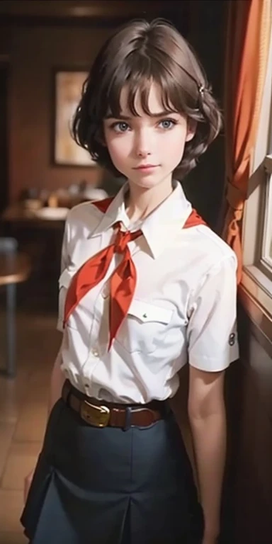 dark brown hair, short disheveled hair, raised eyebrows, sparkling eyes, blue eyes, shy smile, atmospheric perspective, Anime Style, cinematic lighting, luminous light, Wide angle, 8K, Best quality, masterpiece, high detail, high quality, slender and fit young girl, perfect flat chest, thin waist, Pioneer neckerchief, blue skirt, bangs, white shirt, short sleeves, collared shirt, belt, eyelashes, red neckerchief, chest pocket