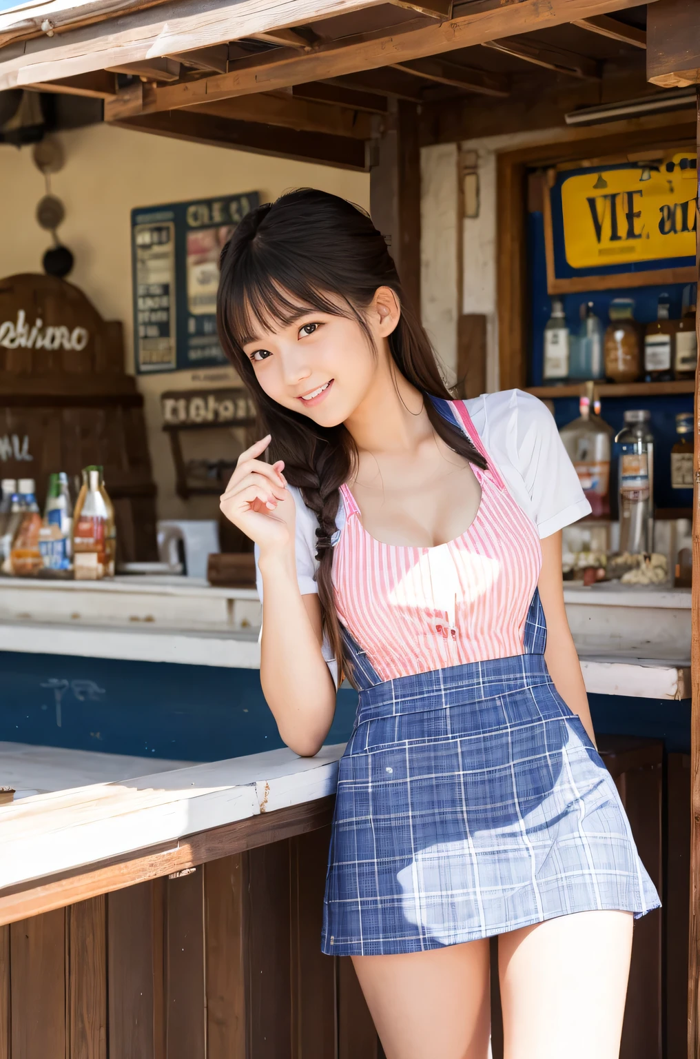 20 year old girls working at a beach bar(Short mini skirt and apron)
