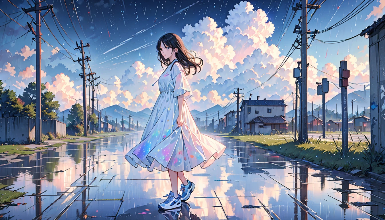 ((masterpiece)), ((ultra-detailed)), pixiv, best shadows, best lighting, best quality, absurdres, highres, cinematic shot, extremely detailed, glimmer, rain, scenery, night, reflection, 1girl, utility pole, cloud, colorful, starry, stars, sky, Nike Outfit, Streetwear Outfit, sneakers, running shoes, shoes, dress, long dress, looking at viewer, concrete wall, graffiti, cracks, ((close up))