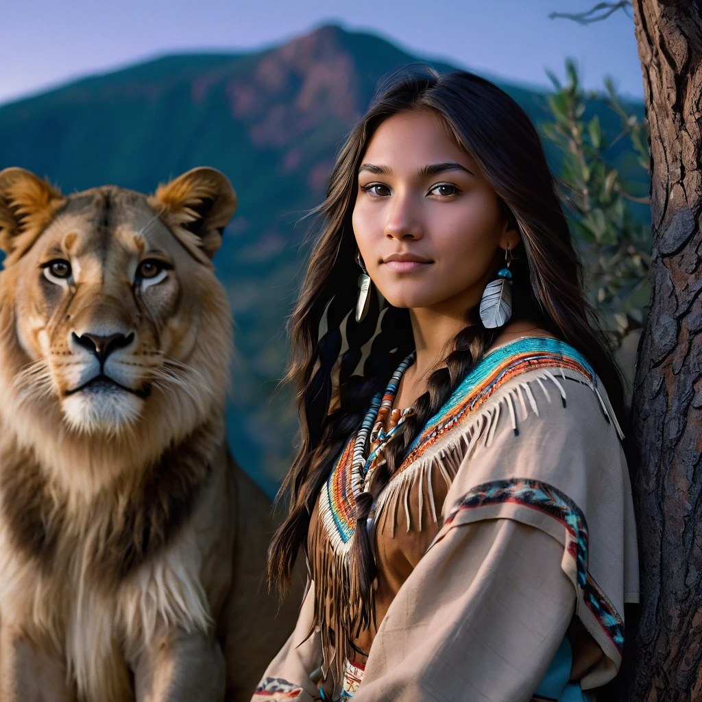 (grainy:0.5), cinematic, beautiful girl 25 year old,native american,fantasy,(solo:1.3), detailed eyes, detailed face, detailed native american clothing , volumetric lighting, dusk, extremely detailed background, standing next to tree and mountain, smiling, half closed eyes, tilted head, from side, sitting next to her lion