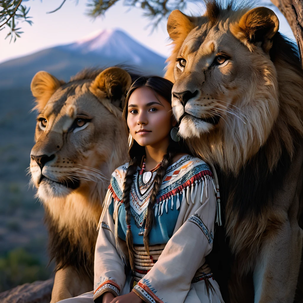 (grainy:0.5), cinematic, beautiful girl 25 year old,native american,fantasy,(solo:1.3), detailed eyes, detailed face, detailed native american clothing , volumetric lighting, dusk, extremely detailed background, standing next to tree and mountain, smiling, half closed eyes, tilted head, from side, sitting next to her lion