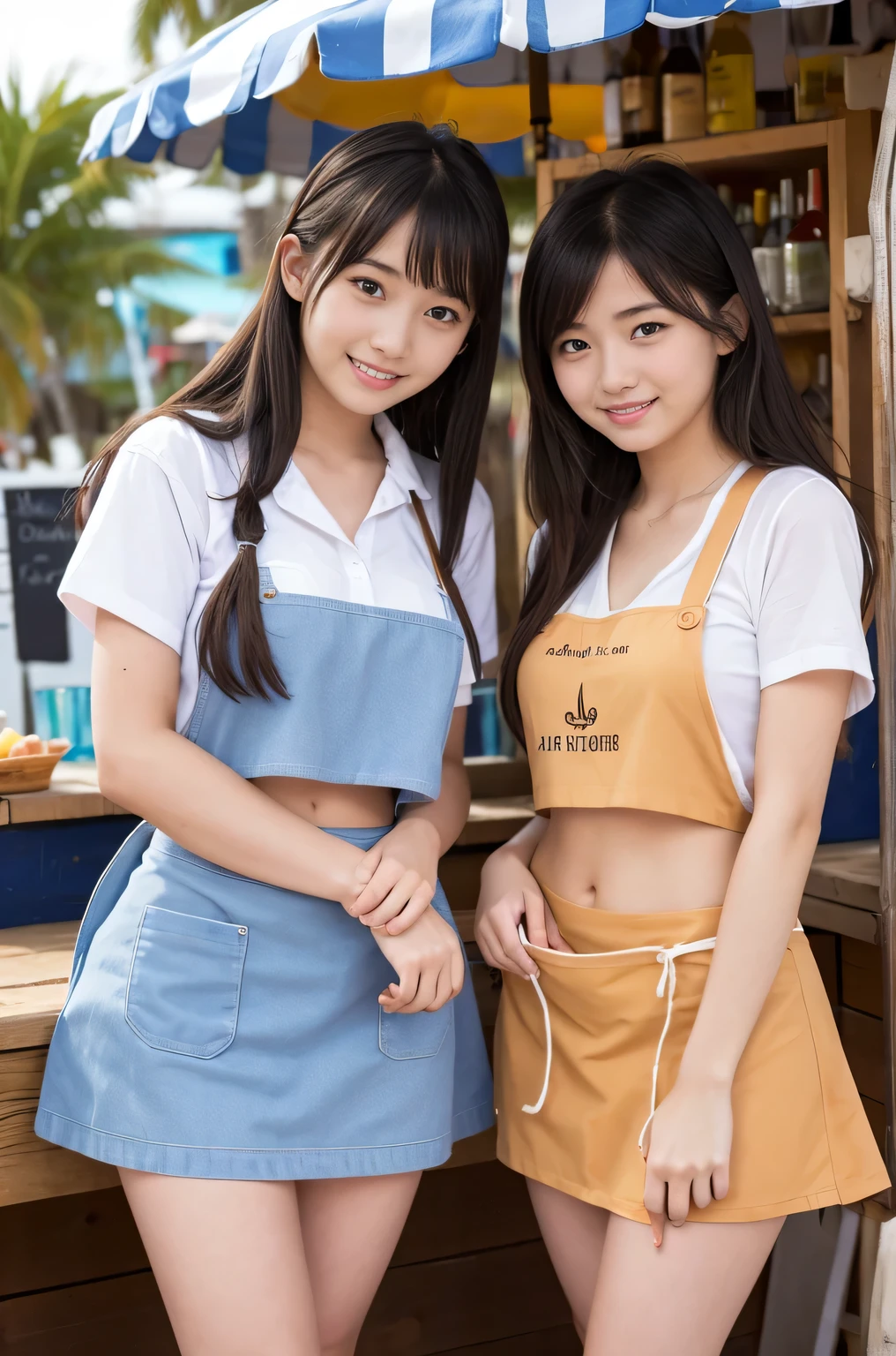 20 year old girls working at a beach bar(Short mini skirt and apron)