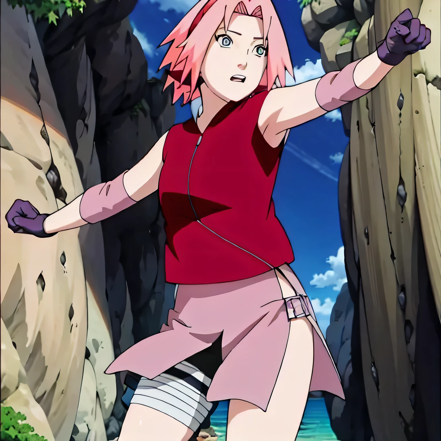 Sakura Haruno,one person,Unique,high quality,Looking up角,Looking up,look up,whole body,Standing,leg,naked,naked,naked,Damaged clothes