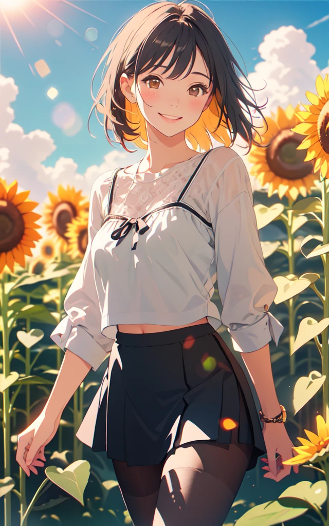 Front facing, facing this way、A more beautiful smile、More cute casual summer outfits、Cute mini skirt、More beautiful thighore beautiful colorful pantyhose、A more beautiful walk through a sunflower field in summer, Beautiful dark clouds, (Cowboy Shot:1.4), Beautiful and realistic, Beautiful masterpiece, Beautiful and top quality, Beautiful backlight, (Lens flare:1.1), (bloom:1.1), (chromatic aberration:1.1)