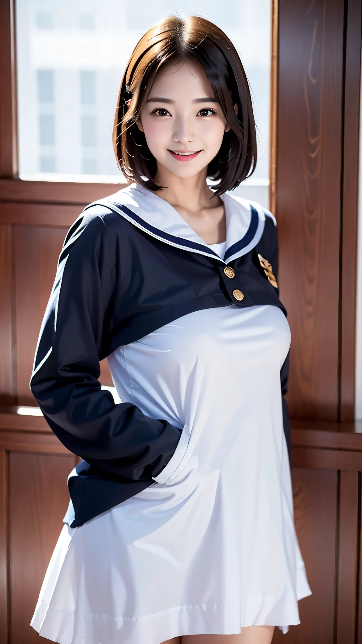 (SFW:1.5),(masterpiece, Highest quality:1.2), One girl, alone,23 years old,beautiful,Big Breasts,The body is slim、Big Breasts、A big smile、(((Black Hair、Bob Hair)))、Sailor suit、stage、Panchi et al.