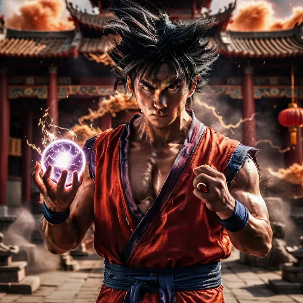 Goku1024 ,  a man dressed in red, casting a powerfull spell, dramatic ball lightning from hands, dragon background, ancient chinese temple, highly detailed, photography, ultra sharp, film, bokeh, professional, 64k  