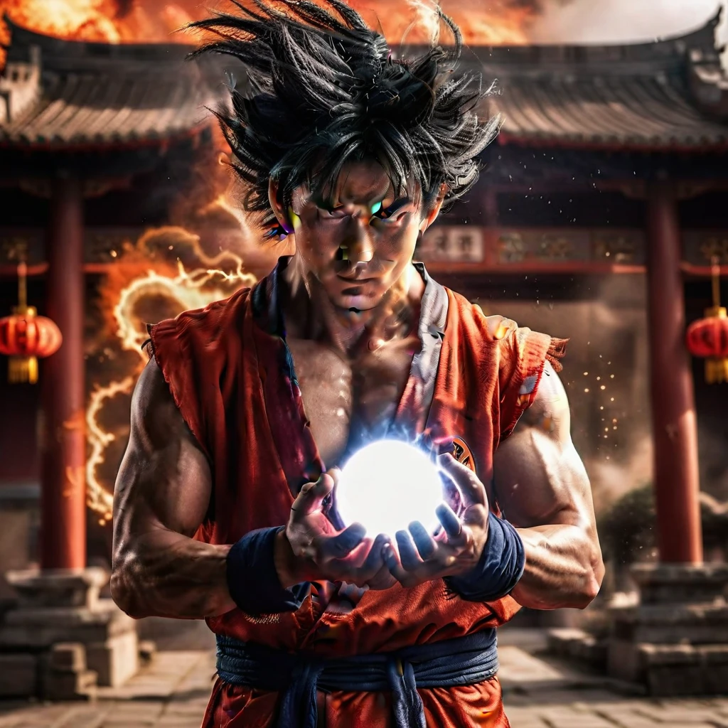 Goku1024 ,  a man dressed in red, casting a powerfull spell, dramatic ball lightning from hands, dragon background, ancient chinese temple, highly detailed, photography, ultra sharp, film, bokeh, professional, 64k  