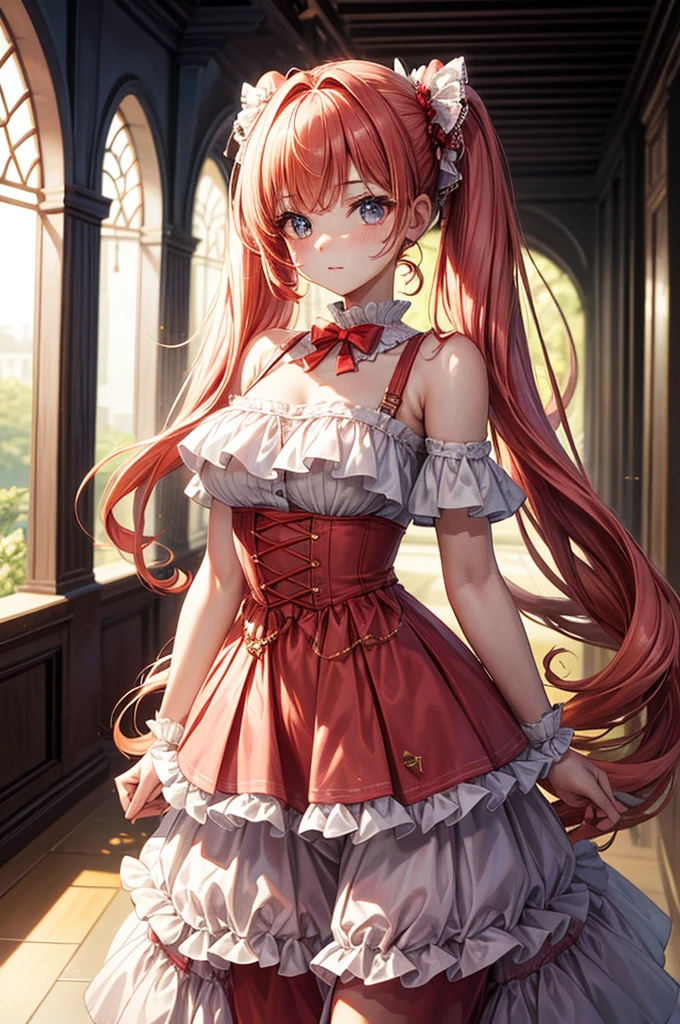 highest quality, ultra high resolution, super detailed, gorgeous, masterpiece, best quality, high resolution finely detailed, extremely beautiful, distinct image, flowing peach-red hair with twin-tails  and white highlights, frilly off-shoulder blouse, pleated skirt, 1 young woman, 21 years old, soft and cute facial features, oval shaped face, beautiful sapphire colored eyes, innocent eyes, E-cup breasts, short height(160cm), slim thick body, narrow waist, modern times background, lightly tanned alabaster skin, hip-level shot