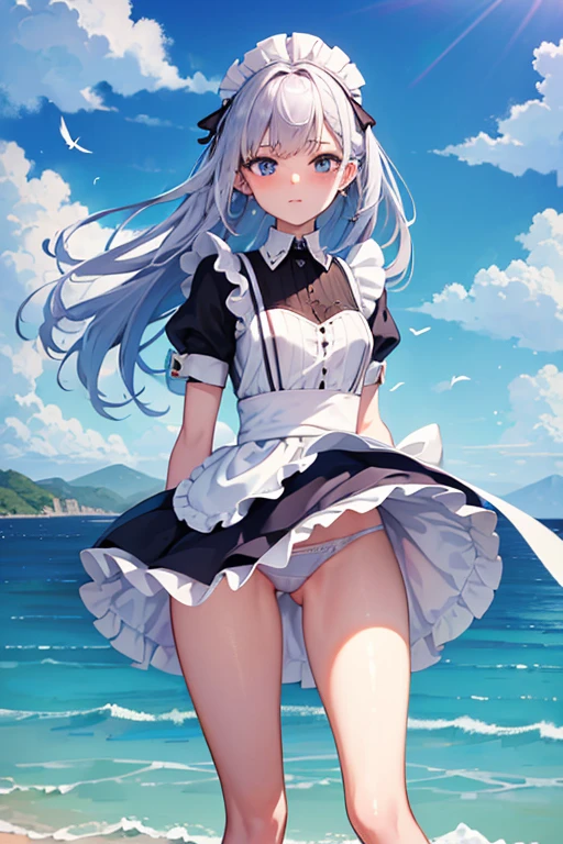 (master_piece, high_quality, beautiful, super delicate, absurdres:1.2), 1girl, mature, , beautiful face, ahoge, hair fluttering in the wind, white hair, blue eye, (maid suit, translucent fluttering skirt, skirt that flipped in the wind, panty visible, skirt billowing, I can see your underwear, skirt flipped up:1.2), port, (clear water, gemstone sea:1.2), Ship in the distance, The trails that planes make, blue sky, Sunshine, street in the distance,