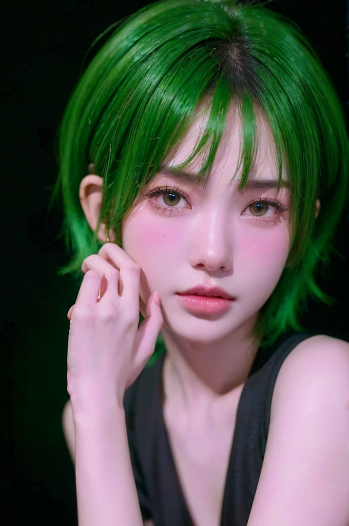 HDR, UHD,8K, face High Quality, nokiapretty, sweather, (((black background 8k))),  short hair, greenhair, from side,