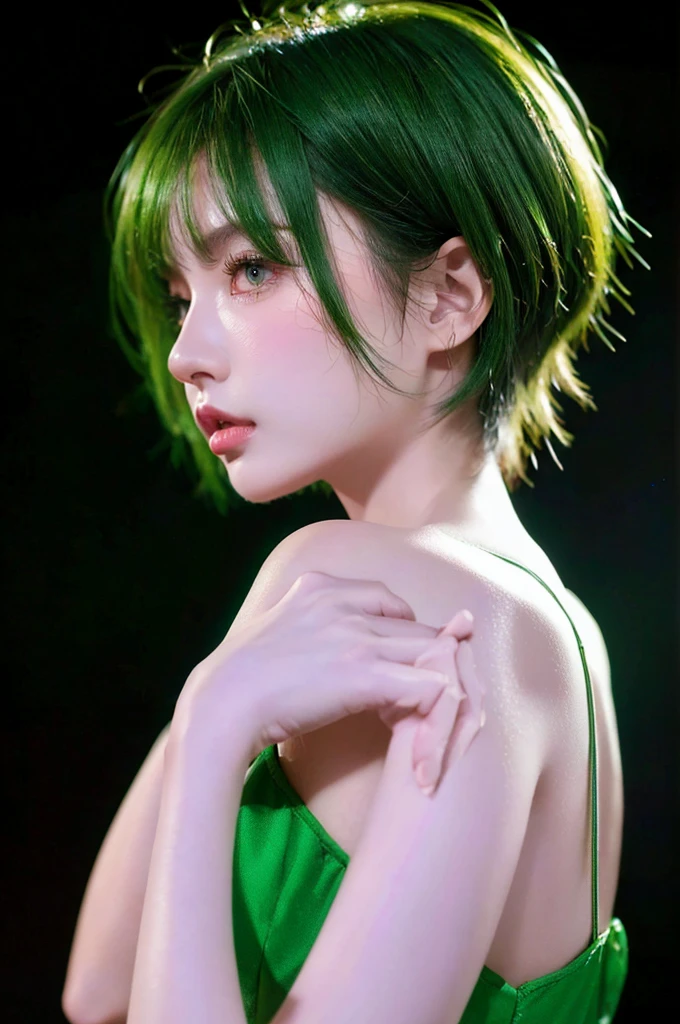 HDR, UHD,8K, face High Quality, nokiapretty, sweather, (((black background 8k))),  short hair, greenhair, from side,