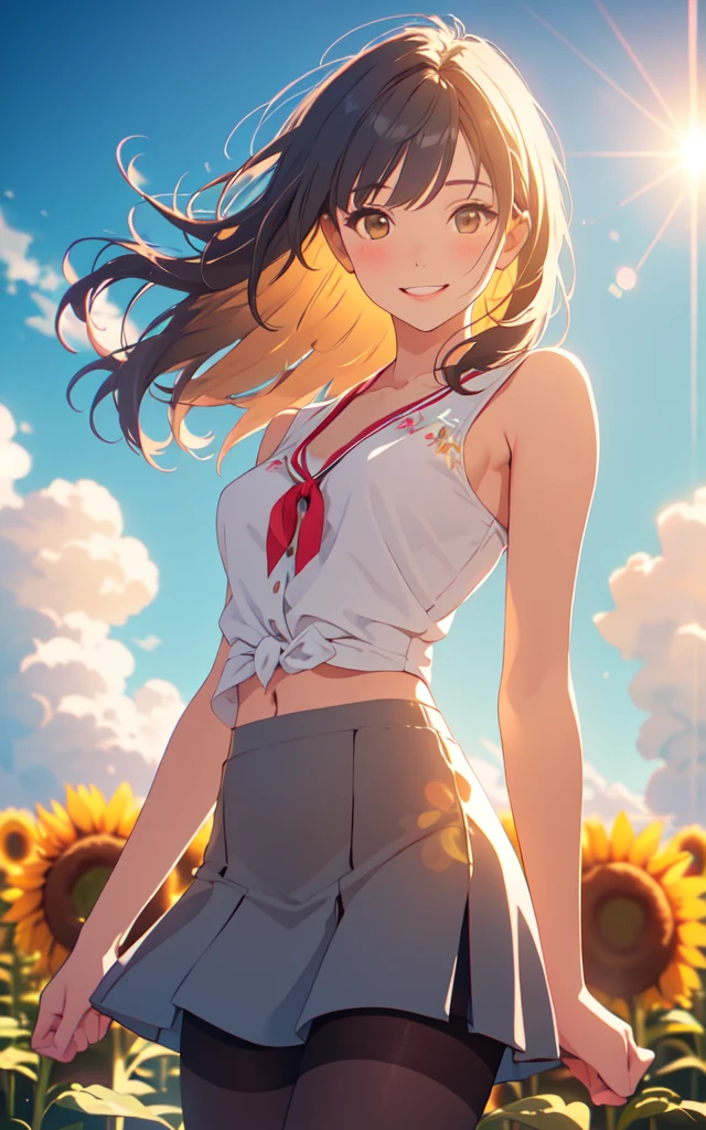 Front facing, facing this way、A more beautiful smile、More cute casual summer outfits、Cute mini skirt、More beautiful thighore beautiful colorful pantyhose、A more beautiful walk through a sunflower field in summer, Beautiful dark clouds, (Cowboy Shot:1.4), Beautiful and realistic, Beautiful masterpiece, Beautiful and top quality, Beautiful backlight, (Lens flare:1.1), (bloom:1.1), (chromatic aberration:1.1)