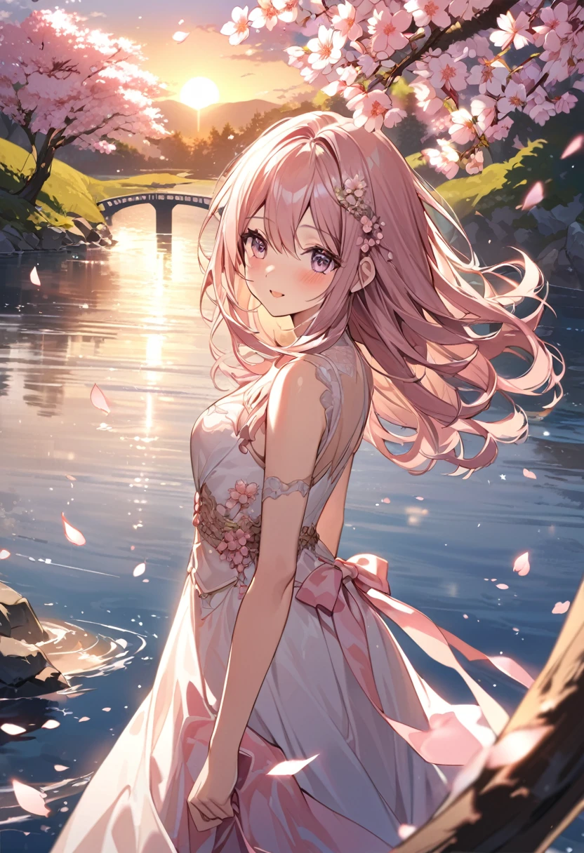 Attention to detail, Super Detail, Ultra-high resolution, Angels having a good time near the river of dreams, Cherry blossom tree and sunset behind the girl,The light of the setting sun shining down on her, The background is a cherry tree,A beautiful river flows to the right of the cherry blossom trees.,Cherry blossoms flutter around her,Cherry blossom petals falling,Delicate face, Add a fantastical atmosphere , 