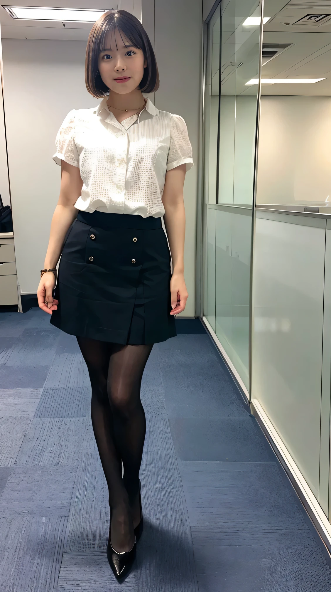 (Highest quality, masterpiece, Realistic, whole body photos、 Ultra-high resolution, ), Light brown hair、short hair、office lady suit、Knee-length skirt、tights、pumps、necklace, (office, indoor, Glass Room), (Long legs, whole body:1.2),