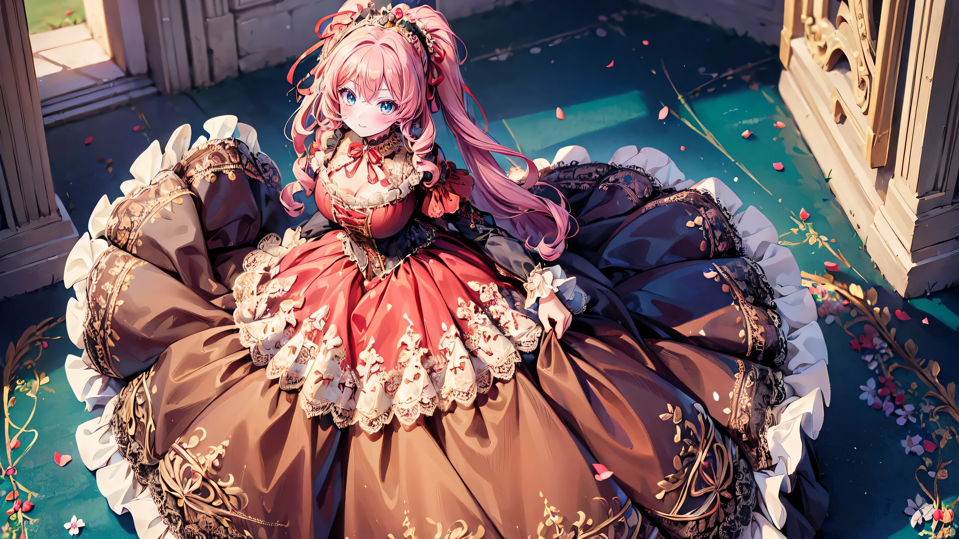 ((Superbly detailed drawing, ultra detailed, exquisite quality, absolutely resolution)), (((young face solo princess))), (((Unsurpassed gorgeous rococo victorian gown with voluminous huge hoopskirt and long hems, princess style skirt:1.5))), ((transparency gown, fluffy and full of pleats skirt:1.3)), (Super detailed and intricate exquisite design gown:1.5), ((overwhelming amount many ruffles with ribbons with intricate lace with Super detailed and intricate embroidery gown:1.9)), ((huge breasts, breasts cleavage)), (ponytail, fluffy long Expressive, hair pink hair), super voluminous long hair, hair ornament tiara, embarrassed, (((curtsey:2))), (blurry background, depth of field:1.5), super detailed skin, super delicate and beautiful face, (eyes blue eyes), (backlighting, particle effect, caustics), (((sharp focus))), ((lot's of colorful flowers, in fog forest:1.5)), (fisheye lens:1.3), (very wide shot, magnificent panorama view, dynamic angle:1.5), ((full body)), (looking viewer, looking up, from above, from front:1.5),