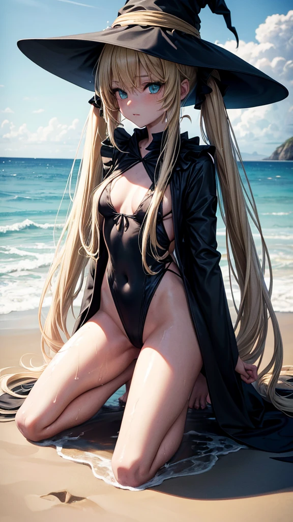 very slender. Long, blonde hair. She has green eyes. pigtails tied wearing a large witch hat. Wearing a black swimsuit, wet clothes, beach background, full body portrait, kneeling 