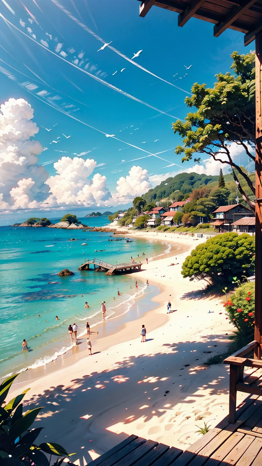 landscape, summer, blue sky, , Private Beach, Cove, Ocean, Navio Beach、Hayao Miyazaki、Studio Ghibli、Porco Rosso、Porco Rosso's Hideout、1 female, Nobody is here, Hot Weather, sun, HD detailed, Super detailed, movie, Hyperrealism, Soft Light, Deep Focus Bokeh, Ray Tracing, gwise on art station pixiv, Makoto Shinkai, ArtJam、24-year-old female、Tying up hair((tied hair))、Silver Hair、Black Micro Bikini、Tattoo on the side of the thigh、Place hands on hipules((sandal))、