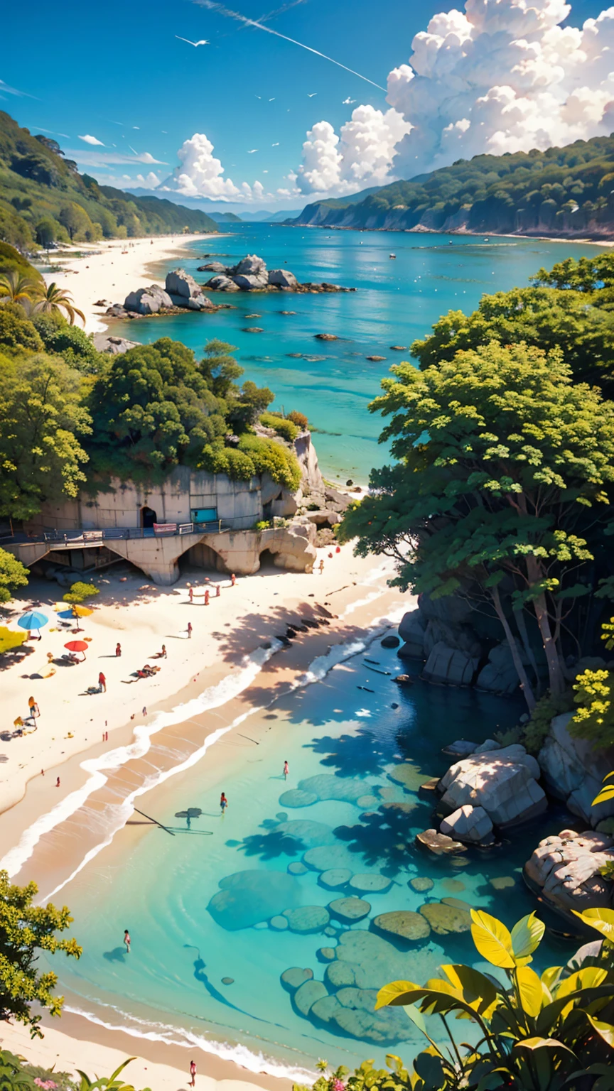 landscape, summer, blue sky, , Private Beach, Cove, Ocean, Navio Beach、Hayao Miyazaki、Studio Ghibli、Porco Rosso、Porco Rosso&#39;s Hideout、1 female, Nobody is here, Hot Weather, sun, HD detailed, Super detailed, movie, Hyperrealism, Soft Light, Deep Focus Bokeh, Ray Tracing, gwise on art station pixiv, Makoto Shinkai, ArtJam、24-year-old female、Tying up hair((tied hair))、Silver Hair、Black Micro Bikini、Tattoo on the side of the thigh、Place hands on hipules((sandal))、