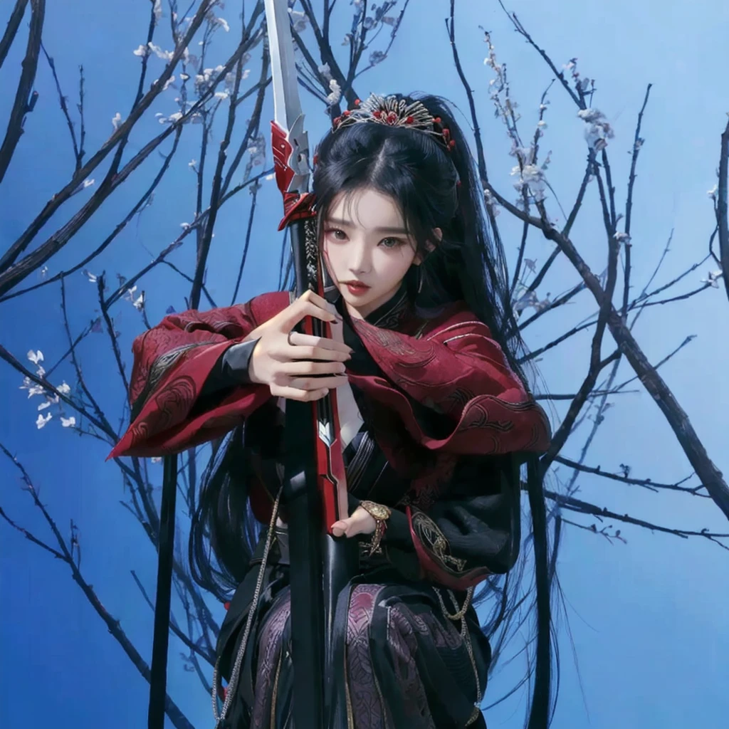 arafed woman in a red and black outfit holding a sword, iu lee ji-eun as a super villain, promo still, mahira khan as a d&d wizard, promo shot, ariana grande as a sith, promotional still, park shin hye as a super villain, fox nobushi holding a naginata