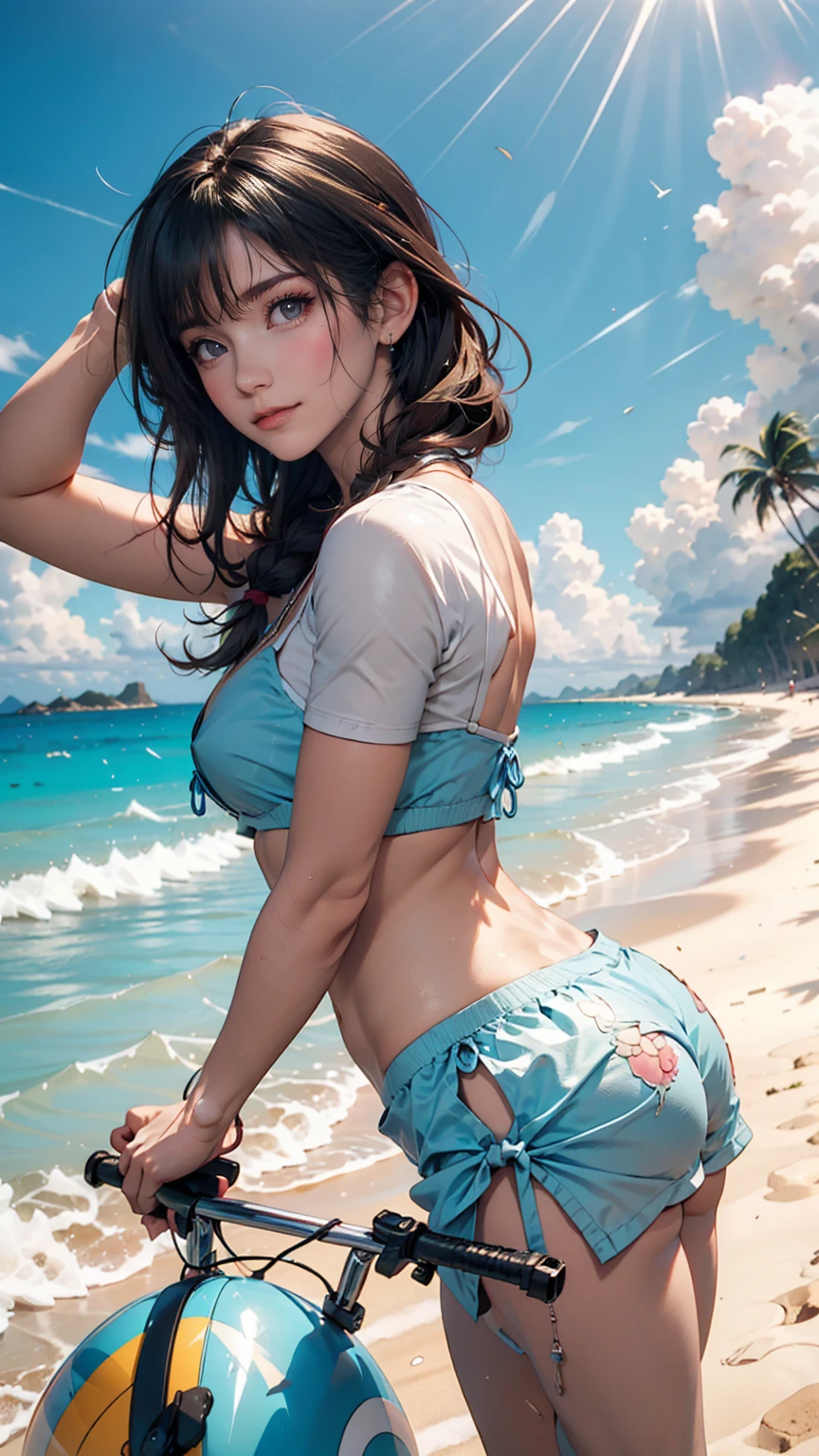 landscape, summer, blue sky, , Private Beach, Cove, Ocean, Navio Beach、Hayao Miyazaki、Studio Ghibli、Porco Rosso、Porco Rosso&#39;s Hideout、1 female, Nobody is here, Hot Weather, sun, HD detailed, Super detailed, movie, Hyperrealism, Soft Light, Deep Focus Bokeh, Ray Tracing, gwise on art station pixiv, Makoto Shinkai, ArtJam、24-year-old female、Tying up hair((tied hair))、Silver Hair、Black Micro Bikini、Tattoo on the side of the thigh、Place hands on hipules((sandal))、