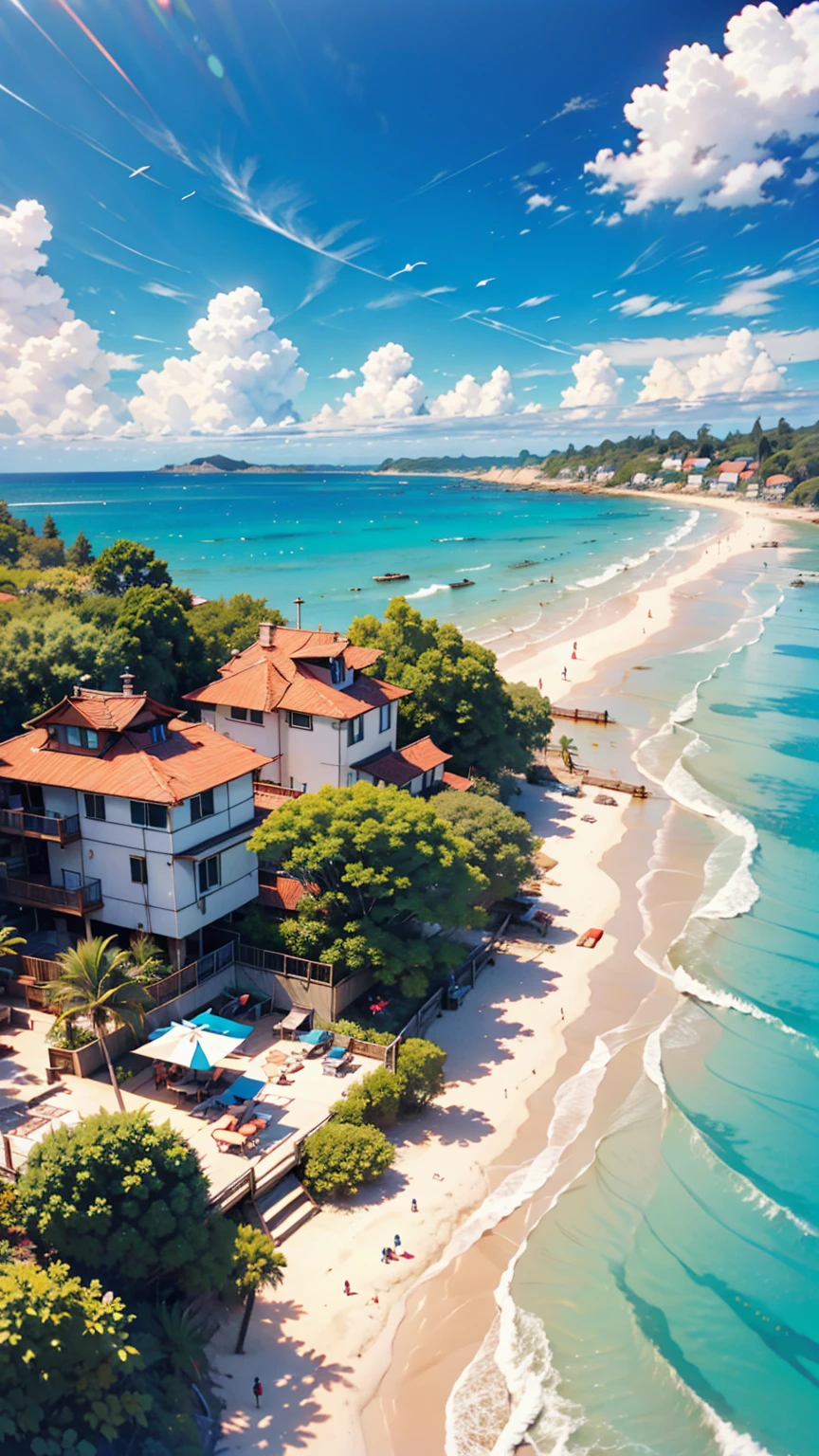 landscape, summer, blue sky, , Private Beach, Cove, Ocean, Navio Beach、Hayao Miyazaki、Studio Ghibli、Porco Rosso、Porco Rosso's Hideout、1 female, Nobody is here, Hot Weather, sun, HD detailed, Super detailed, movie, Hyperrealism, Soft Light, Deep Focus Bokeh, Ray Tracing, gwise on art station pixiv, Makoto Shinkai, ArtJam、24-year-old female、Tying up hair((tied hair))、Silver Hair、Black Micro Bikini、Tattoo on the side of the thigh、Place hands on hipules((sandal))、
