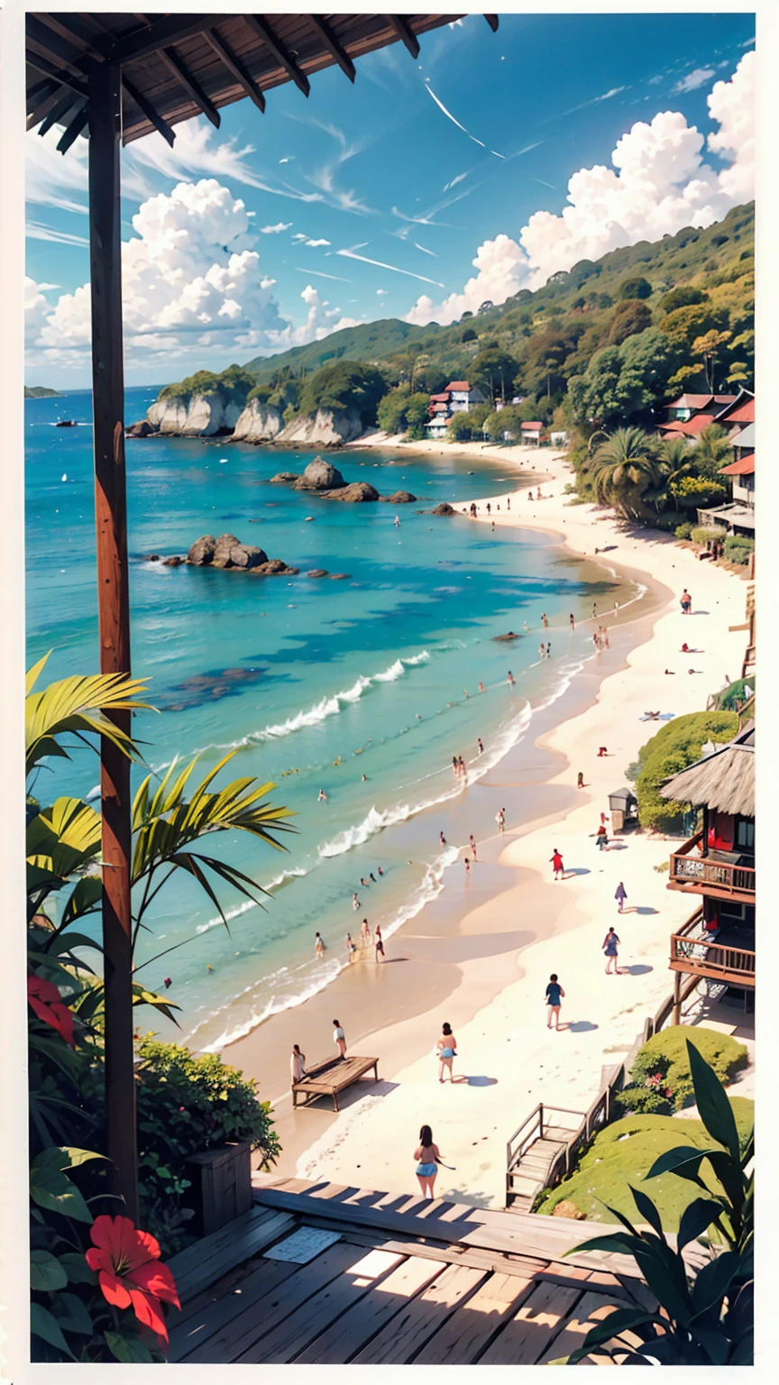 landscape, summer, blue sky, , Private Beach, Cove, Ocean, Navio Beach、Hayao Miyazaki、Studio Ghibli、Porco Rosso、Porco Rosso's Hideout、1 female, Nobody is here, Hot Weather, sun, HD detailed, Super detailed, movie, Hyperrealism, Soft Light, Deep Focus Bokeh, Ray Tracing, gwise on art station pixiv, Makoto Shinkai, ArtJam、24-year-old female、Tying up hair((tied hair))、Silver Hair、Black Micro Bikini、Tattoo on the side of the thigh、Place hands on hipules((sandal))、