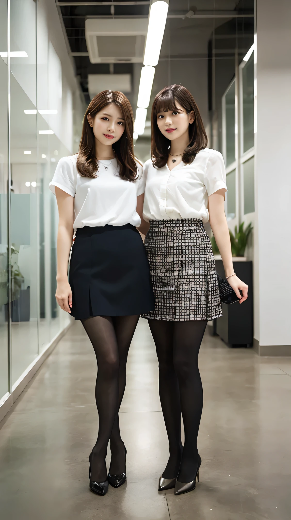 Highest quality, masterpiece, Realistic, whole body photos、 Ultra-high resolution, ),Two women standing side by side、Light brown hair、short hair、office lady suit、Knee-length skirt、tights、pumps、necklace, (office, indoor, Glass Room), (Long legs, whole body:1.2),