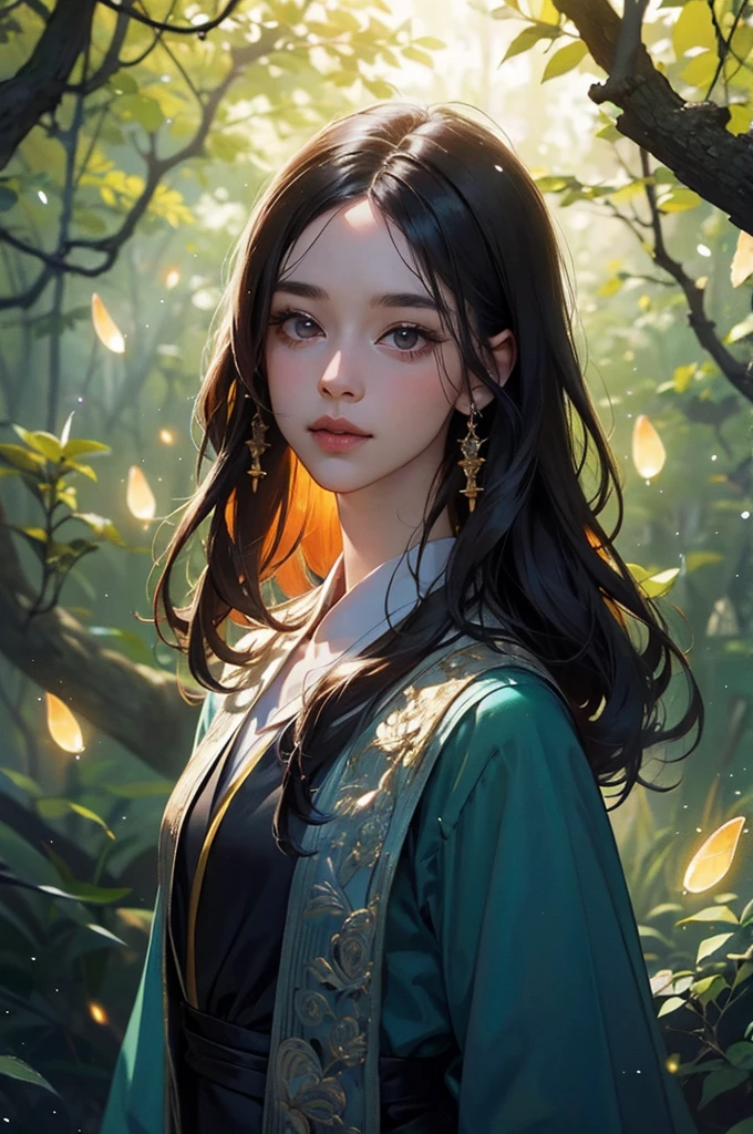 1 girl, ,,Simple smile, High-definition images, A woman, Her hair is decorated with glowing fireflies, There is a charming light in the eyes. Wearing a robe woven from moonlight, She stood in a mysterious forest,The trees come alive. on site, Bathed in the ethereal light of fireflies, Captured in an enchanted forest art style., (masterpiece, best quality, Official Art,Intricate details:1.2)