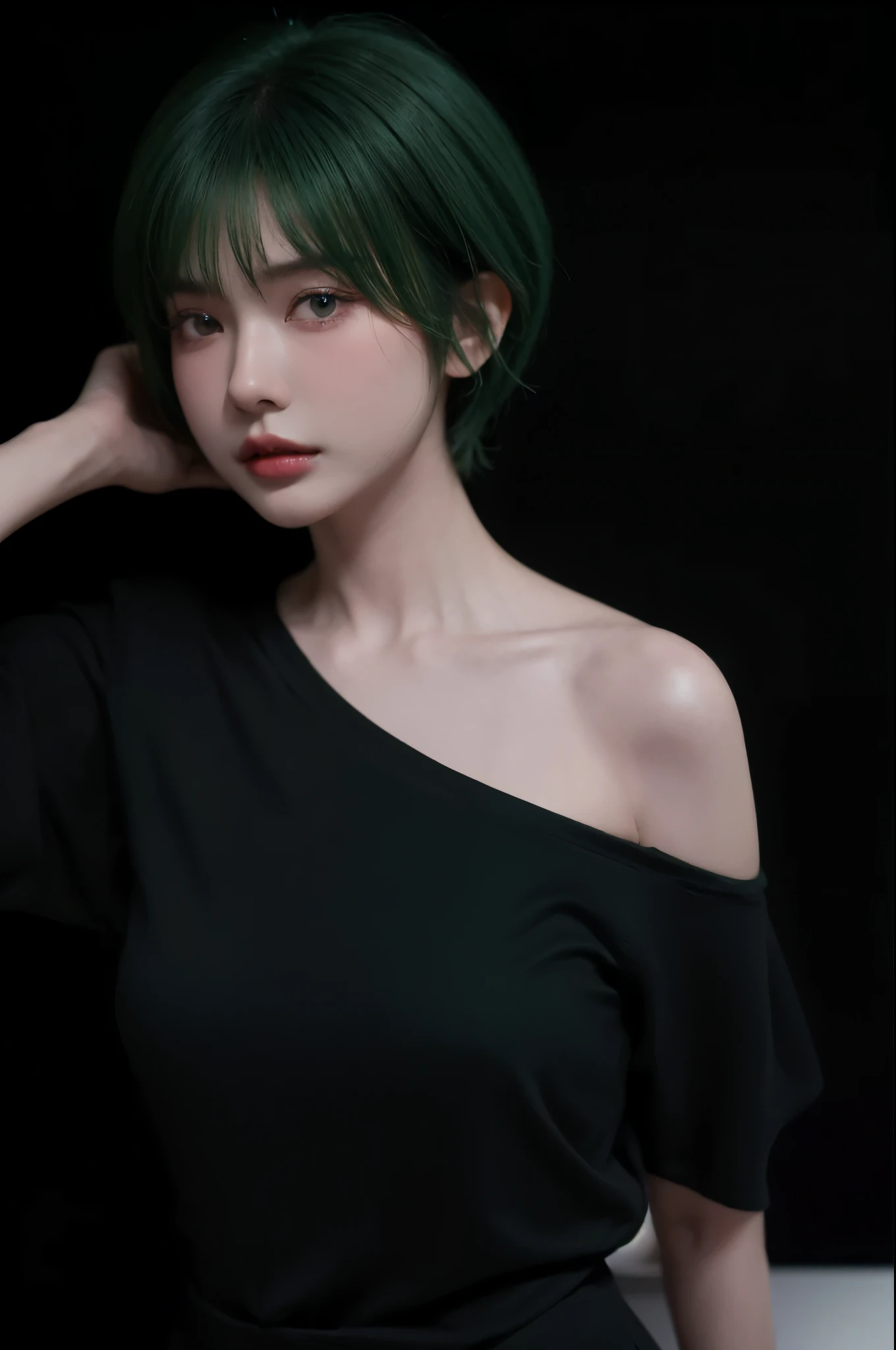 HDR, UHD,8K, face High Quality, nokiapretty, sweather, (((black background 8k))),  short hair, greenhair, from above,