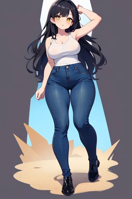 Young anime milf, long wavy black hair, long black hair, yellow eyes, full body, no background, big , big breasts, big thighs, big waist, thick legs, thicc legs, small feet, small, short, short sexy body, curvy body, curvous body, curvy legs, voluptous body, tight jeans, tight sleeveless pink tank top, cute