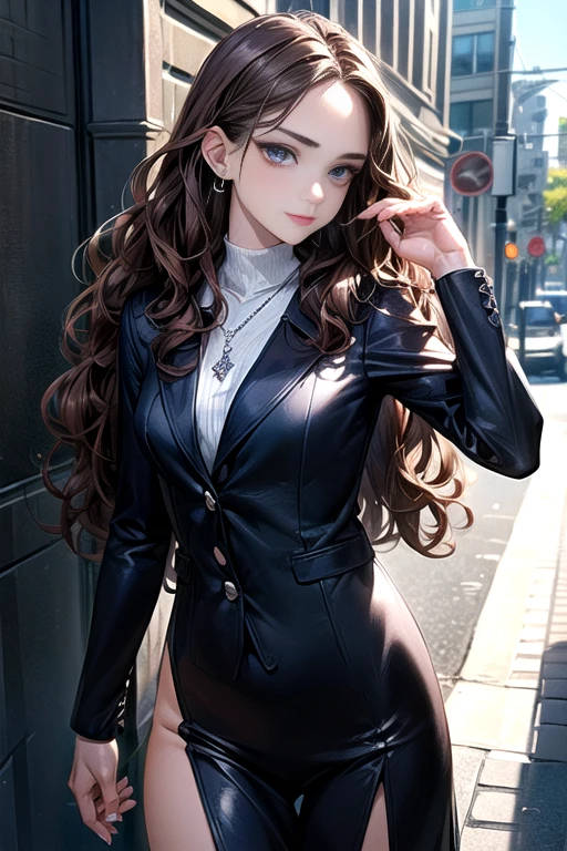 (random  pose),(Highest image quality,(8k),ultra-realistic,best quality, high quality, high definition, high quality texture,

(Perfect Hands,Perfect Fingers,Perfect Limbs,Perfect Body,Correct Human Body,Perfect Image Realism,Perfect Anatomy), (Beautiful Elaborate Face,Beautiful Facial Line), (Left to Right Balance) Beautiful Eyes, Actress, 

high detail,beautiful detailed,fine detailed,extremely detailed cg,detailed texture,masterpiece,Sense of presence)


BREAK

(28 yrs old: 1. 2), bashful smile, made-up face, well-groomed eyebrows, (slim and toned body shape), ((D cup breasts)), 
((Glossy smooth hair, dark brown hair,long wavy hairstyle: 1.5)), (Confident career woman, intelligent and cool: 1.2),beautiful dark blue eyes, 

black shiny stockings, navy blazer,Stylish office suits, (silver chain necklace with small navy blue charms, simple silver earrings, silver bracelet), dslr, daytime, Landscape with depth, downtown,