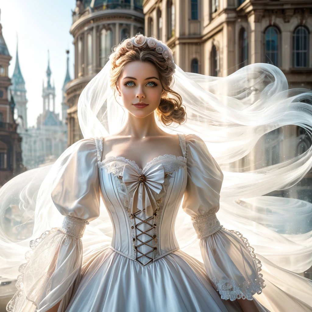 perfect anatomy, (beautiful woman), clean eyes, (romantic Victorian ghost costume with flowing white fabrics and otherworldly accessories), (steampunk cityscape, zeppelins, clockwork elements, industrial magic, fantasy metropolis), cowboy shot
realistic detail, sharp focus, shot with 85mm Leica lens, f4.6, ultra-realistic concept photography.